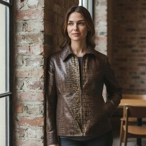 Olive Green Brown Reptile Print Jacket Shiny Sz L By Carlisle‎